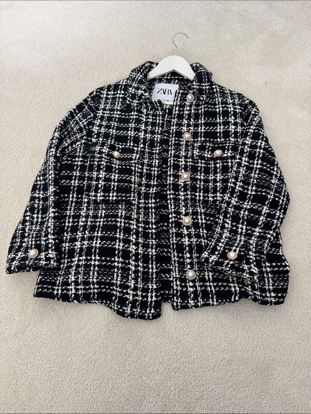 ZARA Black & White Tweed Pearl-Button Jacket